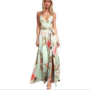 NWT LULUS Still The One Sage Green Floral Satin Maxi Dress M